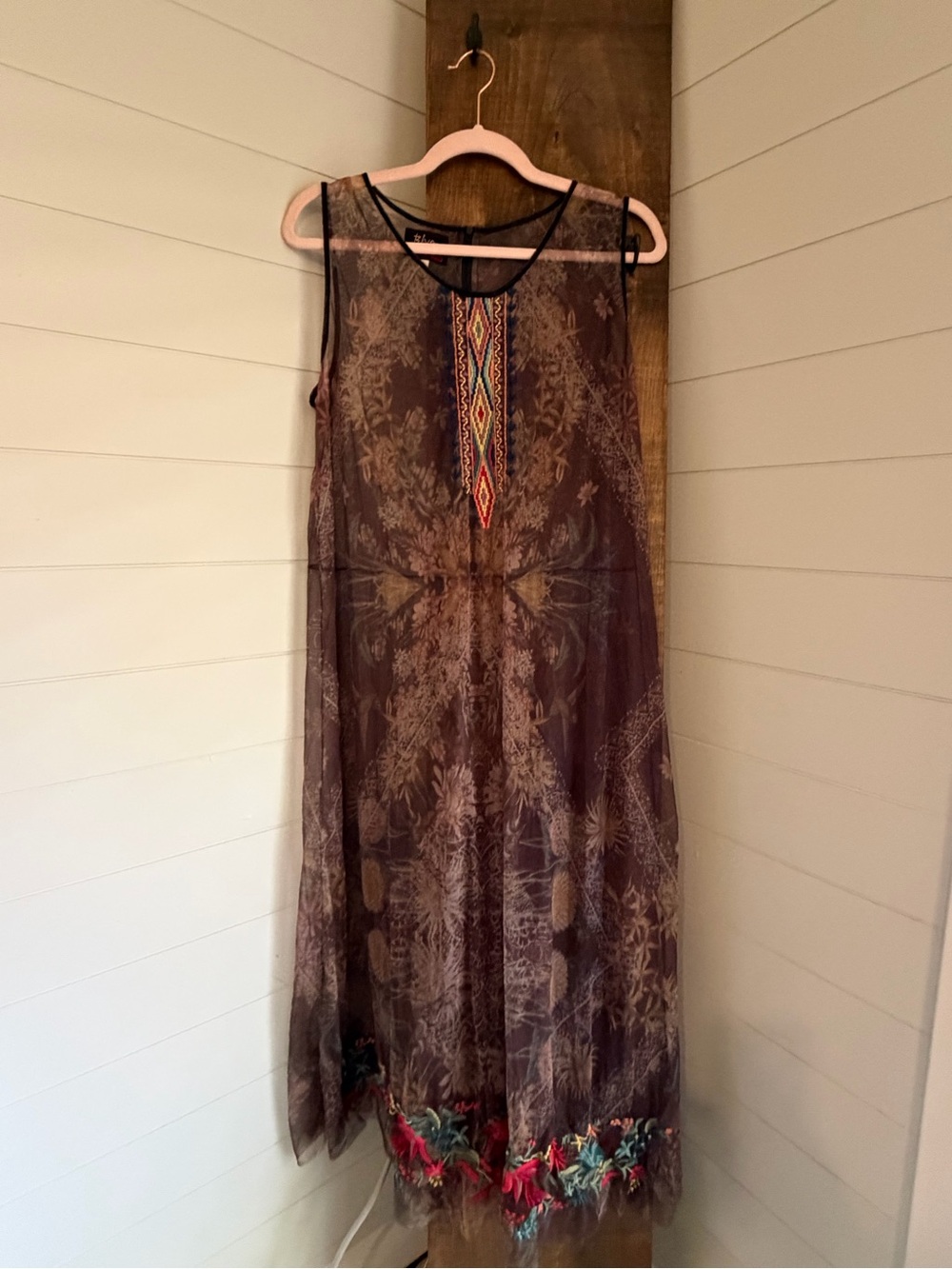 Johnny Was Brown Sheer Maxi Dress with Multicolor Embroidery